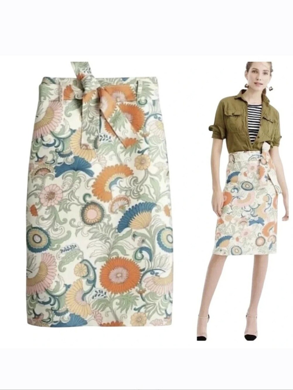 J. Crew Cream Multi Floral Tie-Waist Pencil Skirt